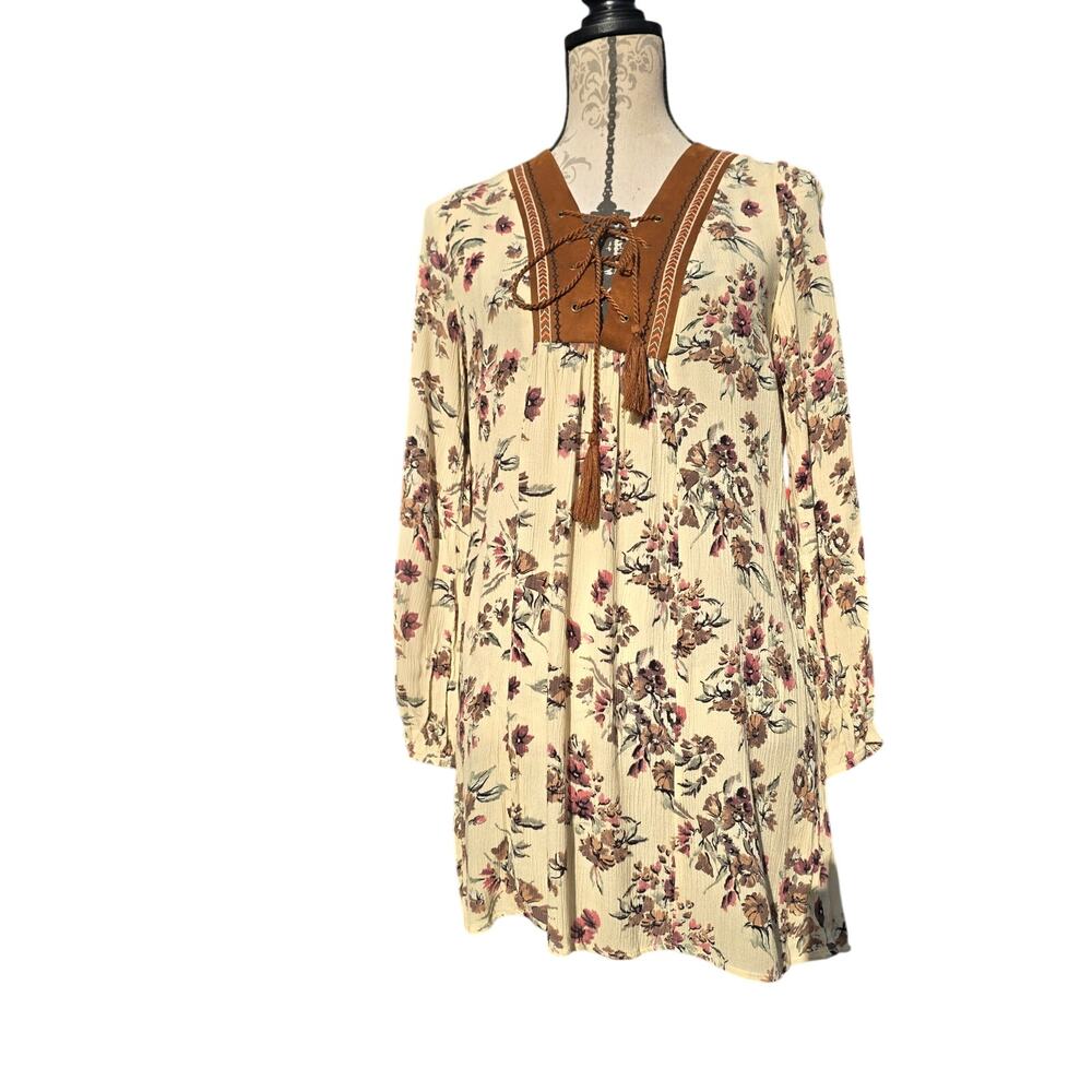 Boho Cottagecore Floral Cream Brown Flying Tomato Dress Size S
